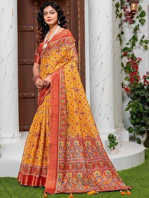 Yellow kalamkari phulkari silk cotton heavy work patola saree 1
