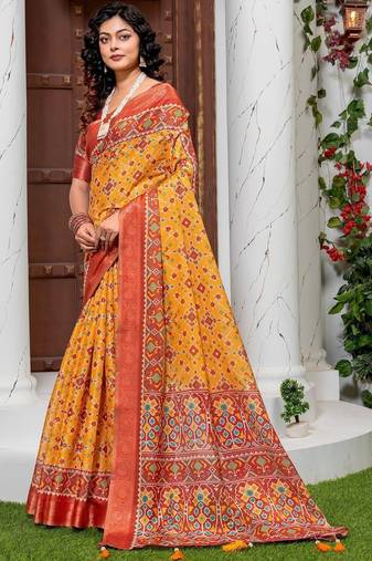 Yellow kalamkari phulkari silk cotton heavy work patola saree