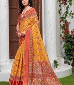 Yellow kalamkari phulkari silk cotton heavy work patola saree
