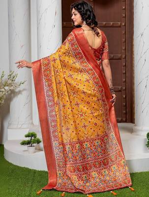 Yellow kalamkari phulkari silk cotton heavy work patola saree 2