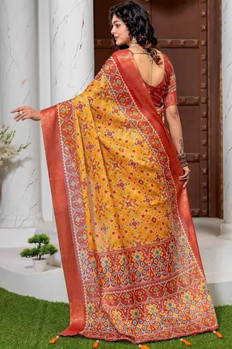 Yellow kalamkari phulkari silk cotton heavy work patola saree