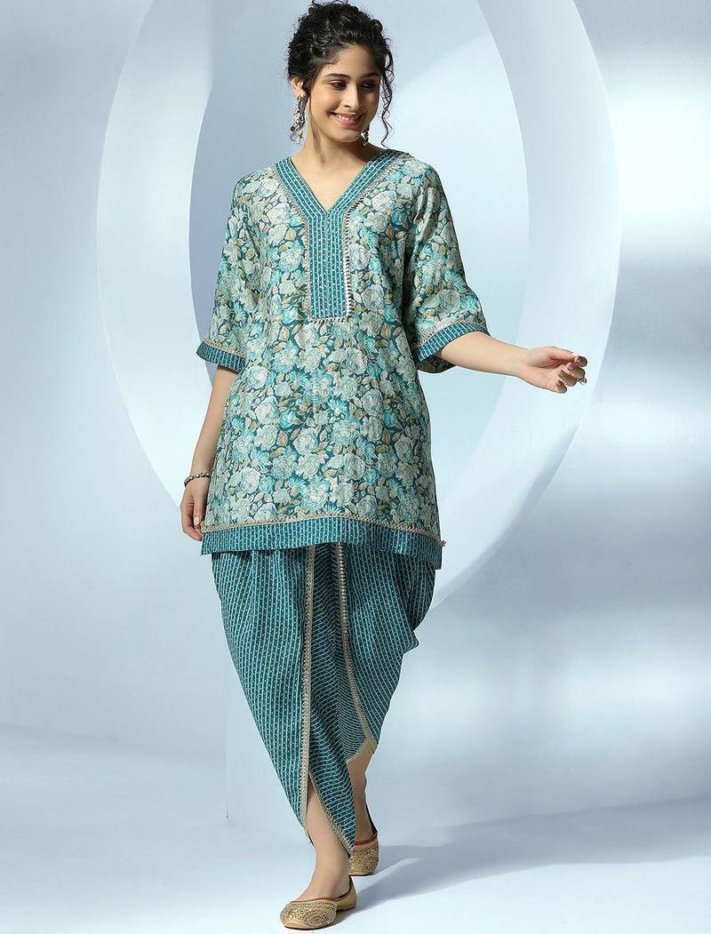 women floral printed regular gotta patti kurta with dhoti pants