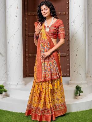 Yellow kalamkari phulkari silk cotton heavy work patola saree 3