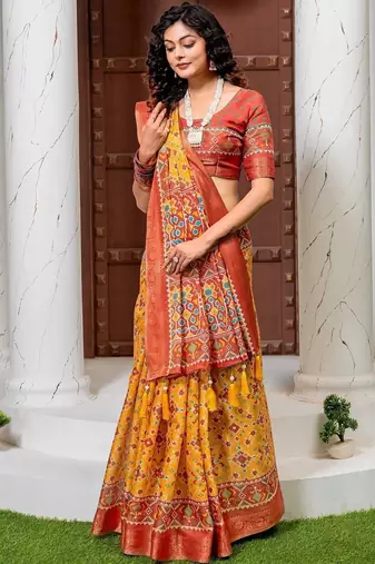 Yellow kalamkari phulkari silk cotton heavy work patola saree
