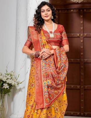 Yellow kalamkari phulkari silk cotton heavy work patola saree 4