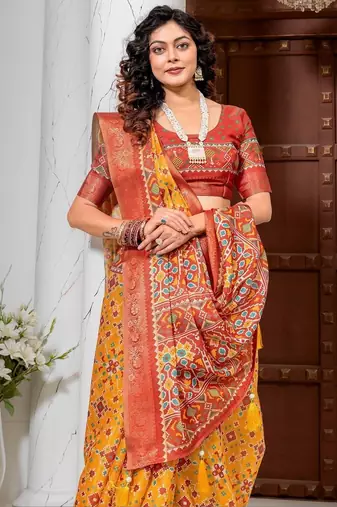 Yellow kalamkari phulkari silk cotton heavy work patola saree