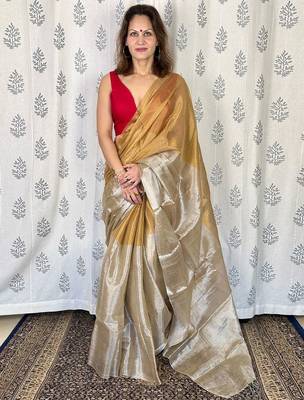 Beige zari border tissue kasavu saree with blouse piece 1
