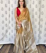 Beige zari border tissue kasavu saree with blouse piece