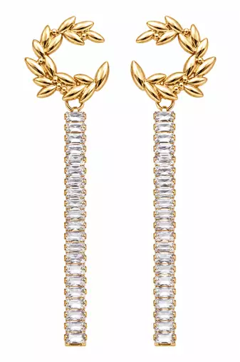 Anti-tarnish, long dangling bar, crystal baguette stones, stud back closure, party wear