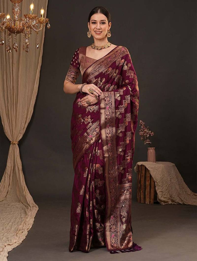 Purple woven design zari silk blend banarasi saree
