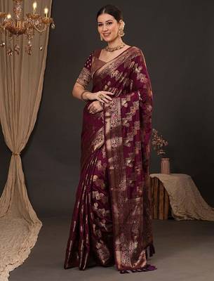 Purple woven design zari silk blend banarasi saree 2