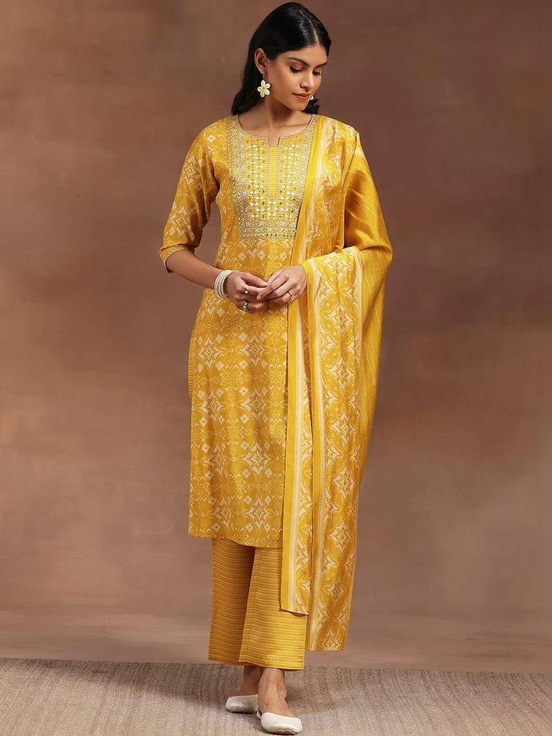 women ethnic motifs printed regular mirror work kurta with trousers & with dupatta