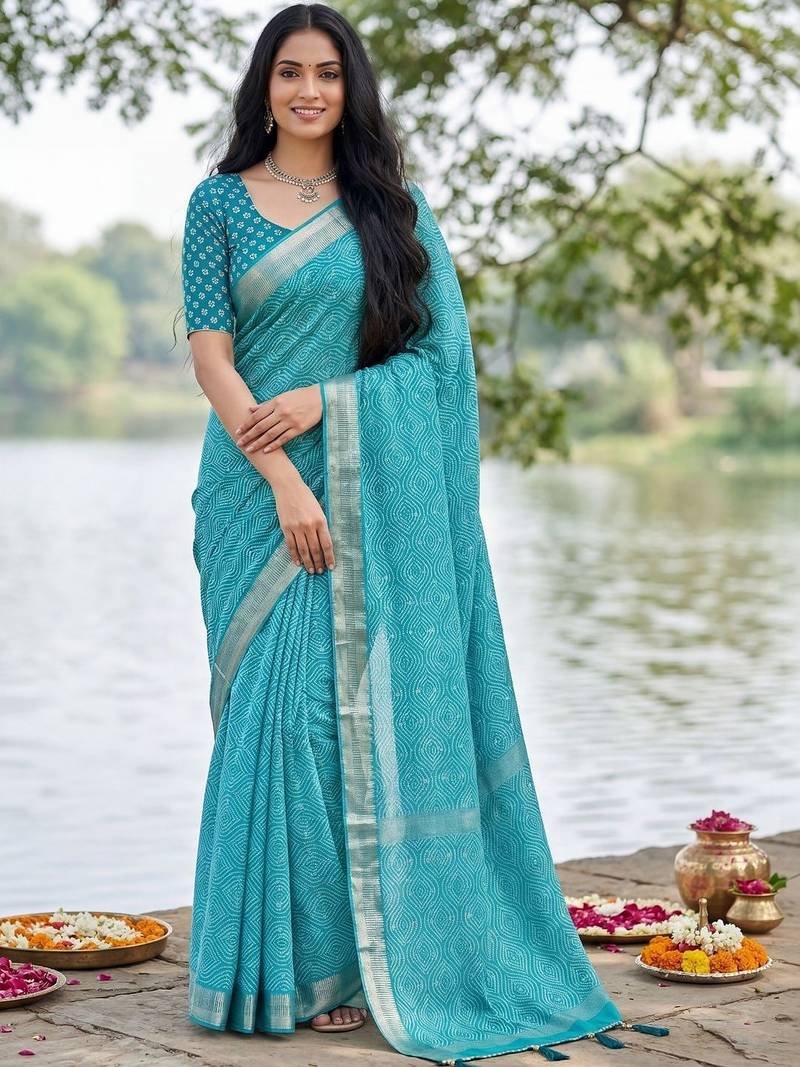 Turquoise leheriya  georgette leheriya saree