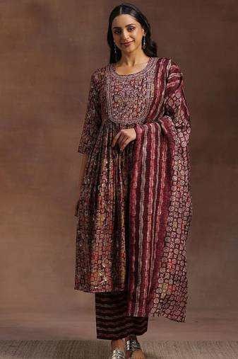 women ethnic motifs printed empire mirror work kurta with trousers & with dupatta