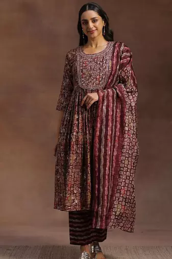 women ethnic motifs printed empire mirror work kurta with trousers & with dupatta