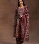 women ethnic motifs printed empire mirror work kurta with trousers & with dupatta