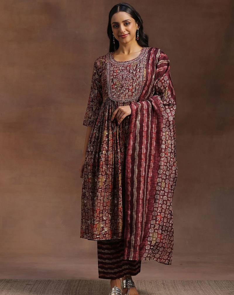 women ethnic motifs printed empire mirror work kurta with trousers & with dupatta