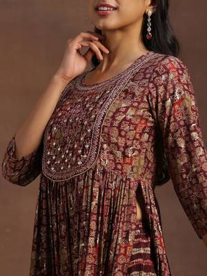 women ethnic motifs printed empire mirror work kurta with trousers & with dupatta 2