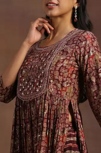 women ethnic motifs printed empire mirror work kurta with trousers & with dupatta