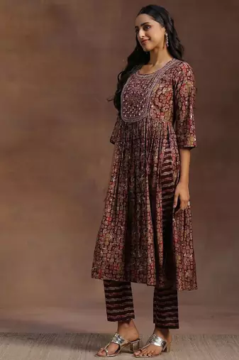 women ethnic motifs printed empire mirror work kurta with trousers & with dupatta