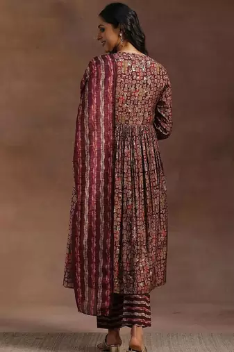 women ethnic motifs printed empire mirror work kurta with trousers & with dupatta