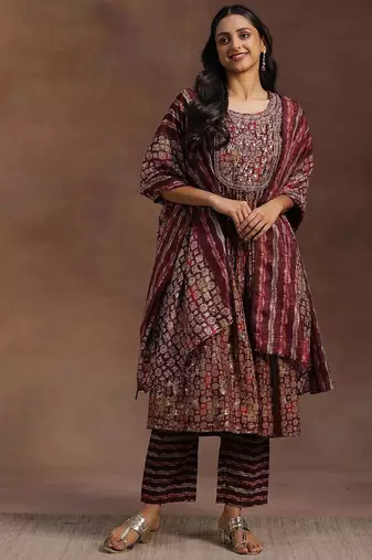 women ethnic motifs printed empire mirror work kurta with trousers & with dupatta