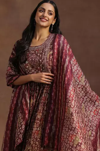 women ethnic motifs printed empire mirror work kurta with trousers & with dupatta