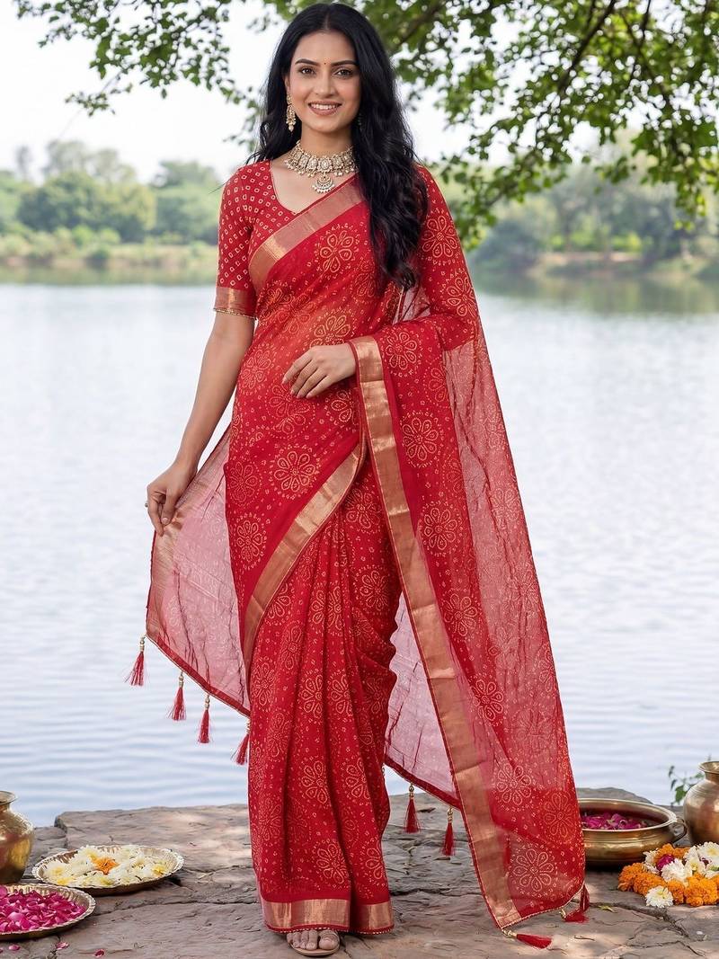Red bandhani  georgette bandhani saree