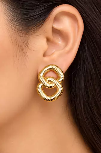 Gold-toned double ring ribbed stud earrings, anti-tarnish