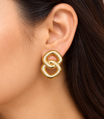 Gold-toned double ring ribbed stud earrings, anti-tarnish