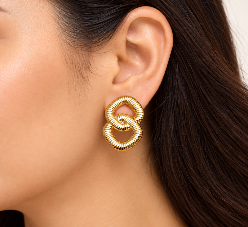 Gold-toned double ring ribbed stud earrings, anti-tarnish