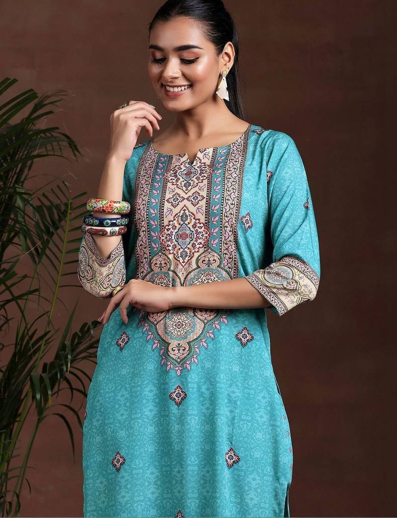 women ethnic motifs printed regular kurta with trousers & with dupatta