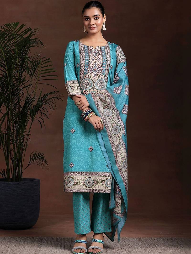 women ethnic motifs printed regular kurta with trousers & with dupatta