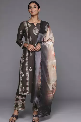 women ethnic motifs embroidered regular thread work kurta with trousers & with dupatta