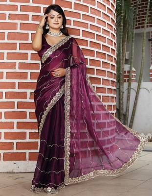 Burgundy embroidered mirror work organza saree 1