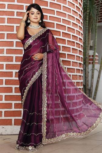 Burgundy embroidered mirror work organza saree