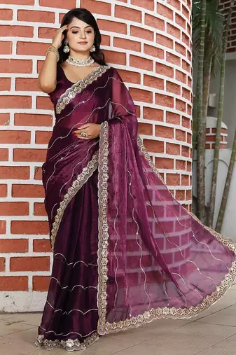 Burgundy embroidered mirror work organza saree