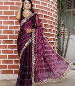 Burgundy embroidered mirror work organza saree
