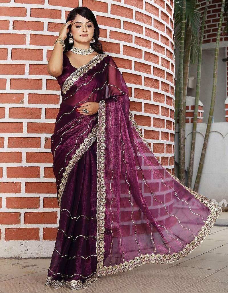 Burgundy embroidered mirror work organza saree