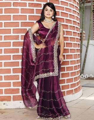 Burgundy embroidered mirror work organza saree 2