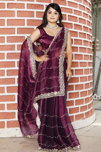 Burgundy embroidered mirror work organza saree