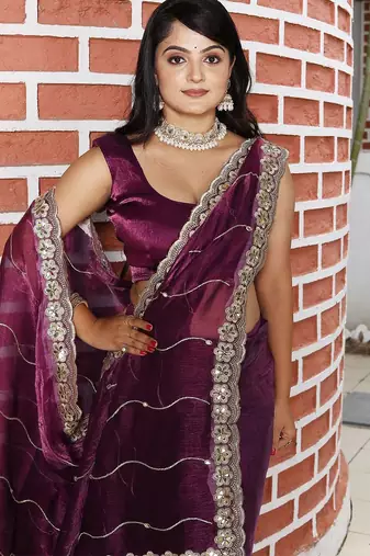 Burgundy embroidered mirror work organza saree