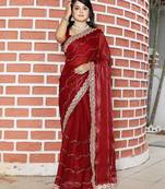 Maroon striped mirror work saree