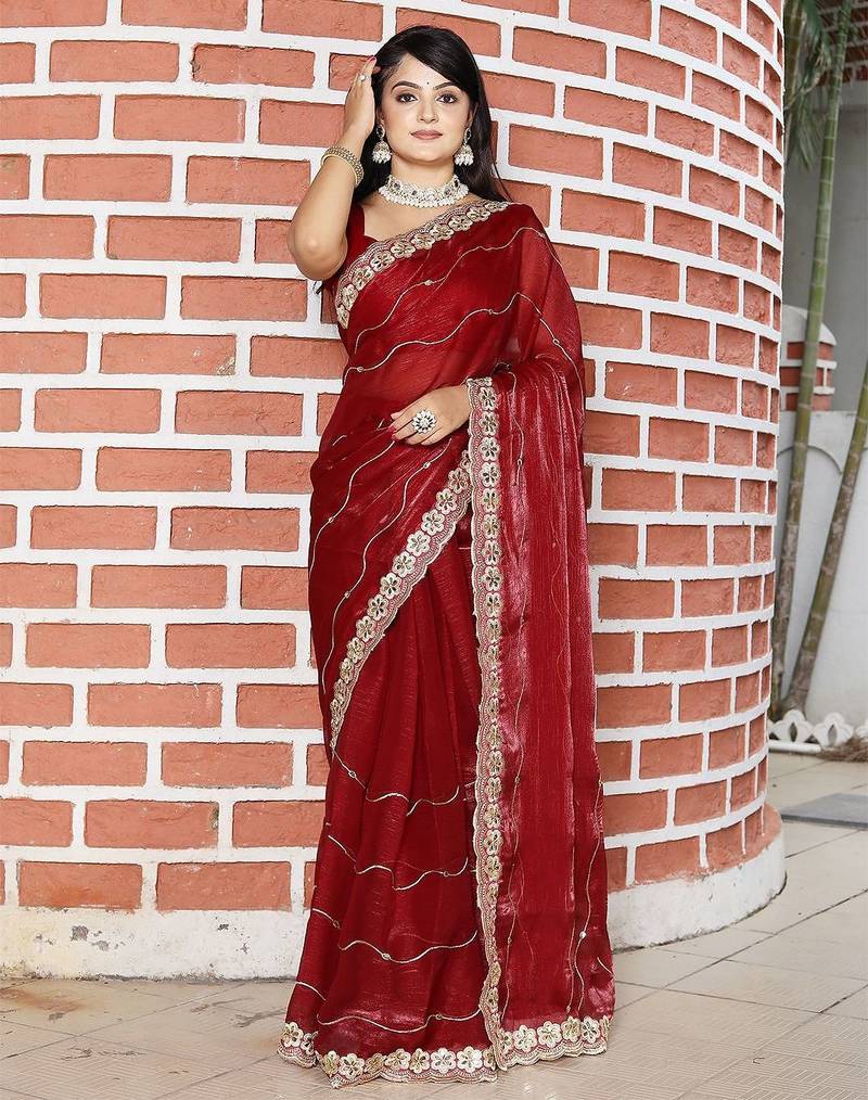 Maroon striped mirror work saree