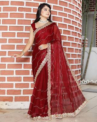 Maroon striped mirror work saree 2