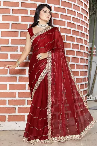 Maroon striped mirror work saree
