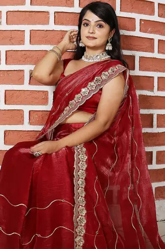 Maroon striped mirror work saree