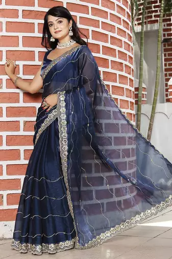 Navy blue embroidered mirror work organza saree