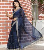 Navy blue embroidered mirror work organza saree