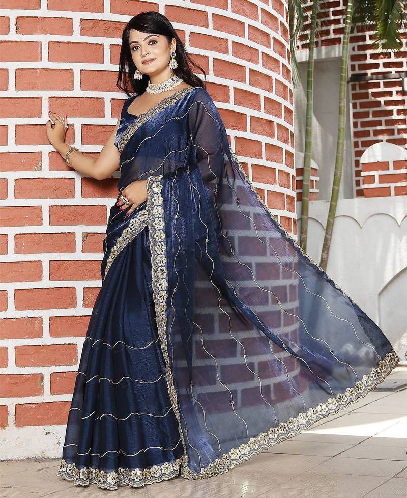 Navy blue embroidered mirror work organza saree